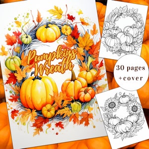 30 Autumn Pumpkins Wreath Coloring Page, Autumn Coloring, Wreath Coloring Book, Adults + kids Instant Download, Fall Coloring, Printable PDF