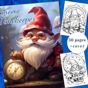 30 Gnome Coloring Book, Gnome Coloring pages, Fantasy, Gnome Timekeeper, Cute Gnome, Adults + kids Instant Download, Printable PDF, A4