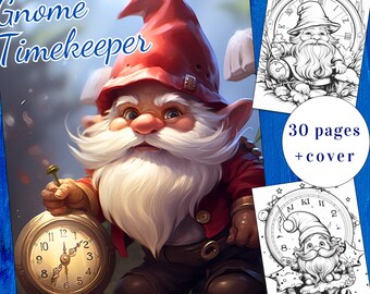 Gnome Timekeeper Coloring Book, 30 Fantasy Pages (Printable PDF)