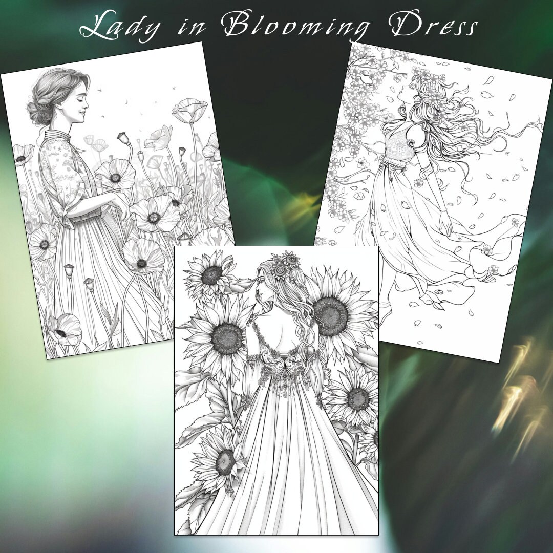 34 Lady in Blooming Dress Coloring Page, Lady Coloring Book, Flowers