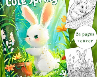 24 söta vårmålarbilder, vårmålarbok, kawaii målarbok, vuxna + barn direktnedladdning, söt målarbild, utskrivbar PDF