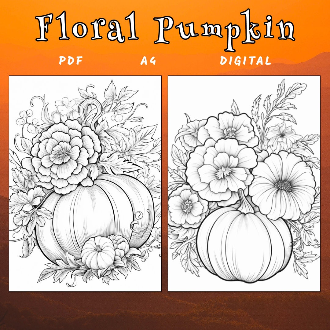 25 Floral Pumpkins Coloring Page, Autumn Coloring Book, Flower Coloring ...