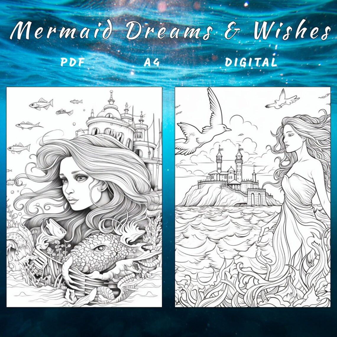 Mermaid Coloring Page, Mermaid Coloring Book, Coloring Book, Adults ...