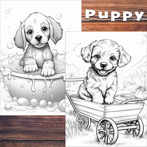 Puede incluir: Dos ilustraciones en blanco y negro de cachorros. La primera imagen muestra un cachorro sentado en un cuenco de agua con burbujas. La segunda imagen muestra un cachorro sentado en un carro.