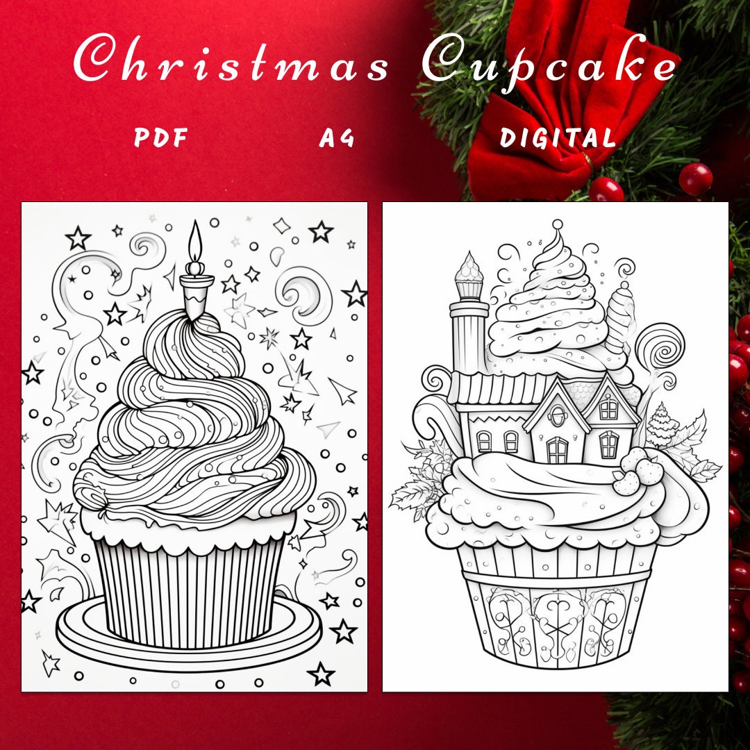 30 Christmas Cupcakes Coloring Page, Christmas Coloring,dessert