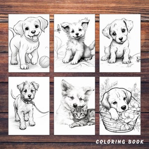 Puede incluir: P&aacute;ginas de colorear en blanco y negro con seis ilustraciones diferentes de cachorros lindos. Las p&aacute;ginas incluyen un cachorro con una pelota, un cachorro con una mariposa, un cachorro con un insecto, un cachorro con una correa, un cachorro con un gatito y un cachorro en una cesta de flores. La portada del libro tiene el texto "LIBRO PARA COLOREAR".