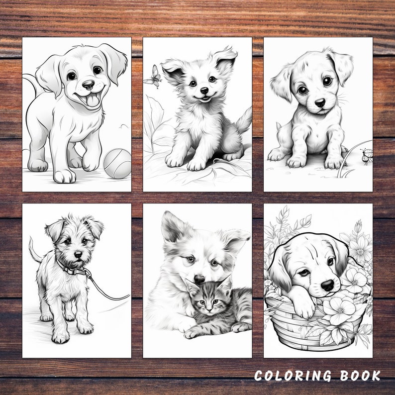 Puede incluir: P&aacute;ginas de colorear en blanco y negro con seis ilustraciones diferentes de cachorros lindos. Las p&aacute;ginas incluyen un cachorro con una pelota, un cachorro con una mariposa, un cachorro con un insecto, un cachorro con una correa, un cachorro con un gatito y un cachorro en una cesta de flores. La portada del libro tiene el texto "LIBRO PARA COLOREAR".