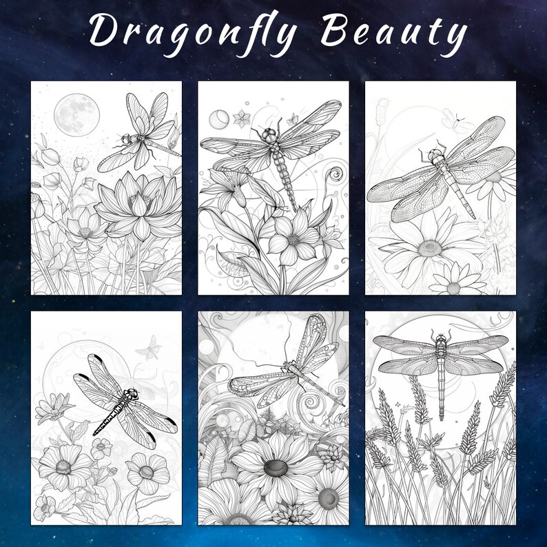 May include: Six black and white coloring pages featuring intricate illustrations of dragonflies and flowers. The dragonflies are depicted in various poses, with their wings spread out and their bodies in flight. The flowers are also drawn in detail, with their petals and stems clearly visible.