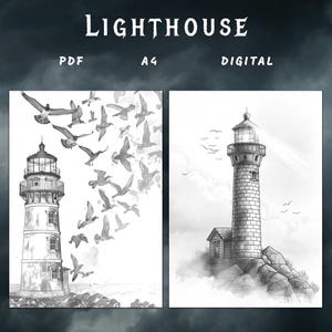 Puede incluir: Una ilustraci&oacute;n en blanco y negro de un faro con una bandada de p&aacute;jaros volando a su alrededor. El faro es alto y tiene una torre redonda con una peque&ntilde;a ventana en la parte superior. Los p&aacute;jaros vuelan en diferentes direcciones, algunos en formaci&oacute;n de V. La imagen est&aacute; colocada sobre un fondo de cielo nublado.