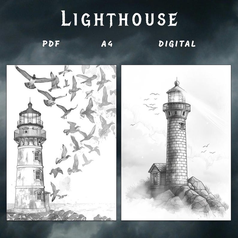 Puede incluir: Una ilustraci&oacute;n en blanco y negro de un faro con una bandada de p&aacute;jaros volando a su alrededor. El faro es alto y tiene una torre redonda con una peque&ntilde;a ventana en la parte superior. Los p&aacute;jaros vuelan en diferentes direcciones, algunos en formaci&oacute;n de V. La imagen est&aacute; colocada sobre un fondo de cielo nublado.