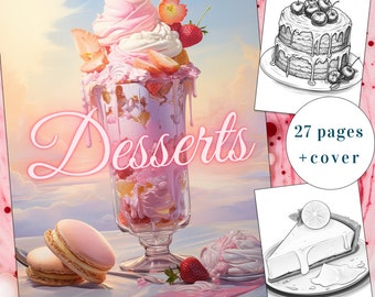 Desserts Coloring Book, 27 Hand-Drawn Pages (Printable PDF)