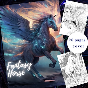 26 Fantasy Horse Coloring Page, Horses Coloring Book, Fantasy Coloring Book, Adults + kids Instant Download, Magic Coloring, Printable PDF