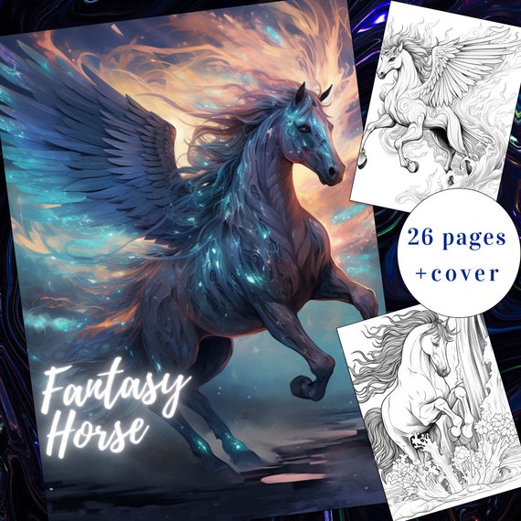 26 Fantasy Horse Coloring Page, Horses Coloring Book, Fantasy Coloring Book, Adults + kids Instant Download, Magic Coloring, Printable PDF