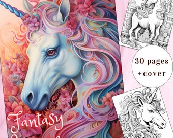 30 Página para colorear de unicornio de fantasía, colorear unicornio, libro para colorear de fantasía, descarga instantánea para adultos y niños, coloración mágica, PDF imprimible