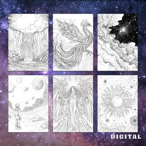 May include: Six black and white coloring pages featuring a variety of intricate designs. The designs include a waterfall, a phoenix, a starry sky, a planet, an angel, and a sun.