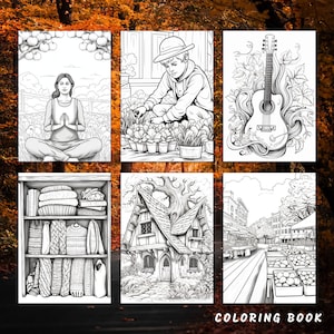 May include: A coloring book with six black and white illustrations. The illustrations include a person meditating, a person planting flowers, a guitar with floral designs, a shelf with knitted items, a house with a tree growing through it, and a street scene with a market.