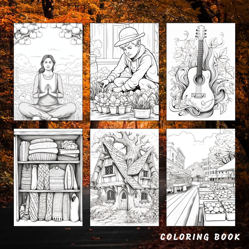 May include: A coloring book with six black and white illustrations. The illustrations include a person meditating, a person planting flowers, a guitar with floral designs, a shelf with knitted items, a house with a tree growing through it, and a street scene with a market.