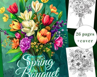 26 målarbilder med vårbuketter, målarbilder med blommor, vårmålarbok, direkt nedladdning för vuxna + barn, målarbilder med buketter, utskrivbar PDF
