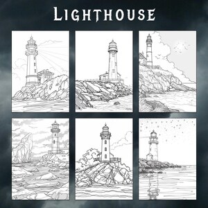 Puede incluir: Una ilustraci&oacute;n en blanco y negro de seis faros diferentes en costas rocosas. Cada faro est&aacute; dibujado en un estilo simple y minimalista. La palabra "LIGHTHOUSE" est&aacute; escrita en negrita y con un estilo estilizado en la parte superior de la imagen.