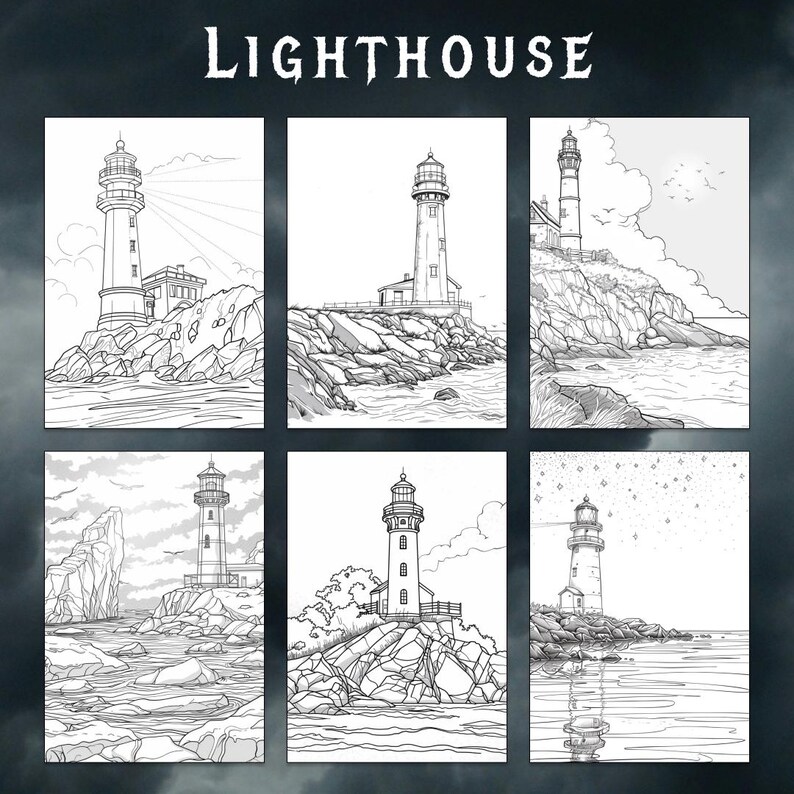 Puede incluir: Una ilustraci&oacute;n en blanco y negro de seis faros diferentes en costas rocosas. Cada faro est&aacute; dibujado en un estilo simple y minimalista. La palabra "LIGHTHOUSE" est&aacute; escrita en negrita y con un estilo estilizado en la parte superior de la imagen.