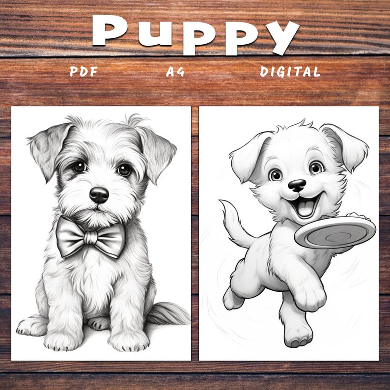 Puede incluir: Dos dibujos en blanco y negro de cachorros. El primer cachorro est&aacute; sentado y lleva una pajarita. El segundo cachorro est&aacute; corriendo y sosteniendo un frisbee. El texto "Puppy" est&aacute; en la parte superior de la imagen. El texto "PDF", "A4" y "Digital" est&aacute; debajo de la imagen.
