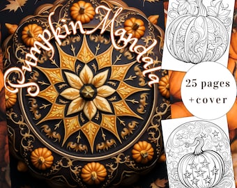 25 Pumpkin Mandala Coloring Pages, Autumn Coloring Book (Printable PDF)