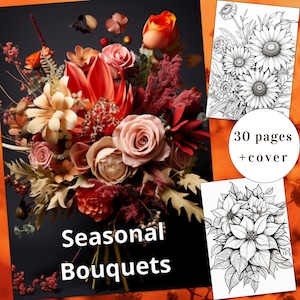 30 Seasonal Bouquets Coloring Page, Flower Coloring, Season Coloring Book, Adults + kids Instant Download, Fall Coloring, Printable PDF