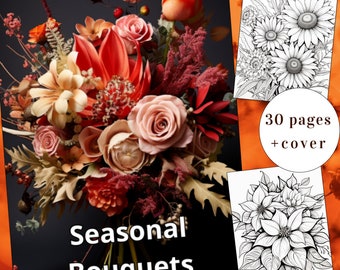 Livro de colorir com buquês sazonais e desenhos florais (PDF para impressão)