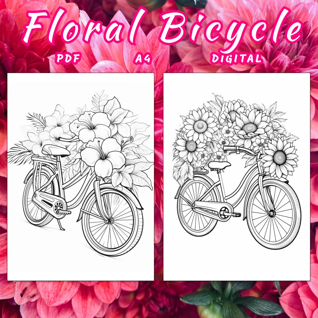 30 Floral Bicycle Coloring Page, Flower Coloring Book, Bicycle Coloring