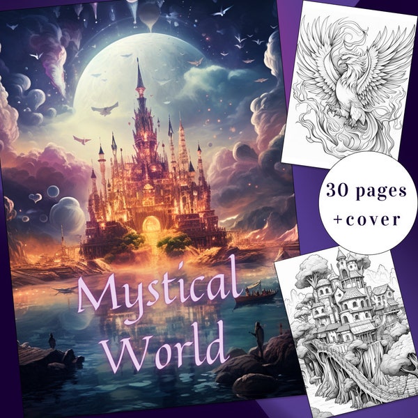 30 Mystical World Coloring Page, Legends Coloring, Fantasy Coloring Book, Adults + kids Instant Download, Creatures Coloring, Printable PDF