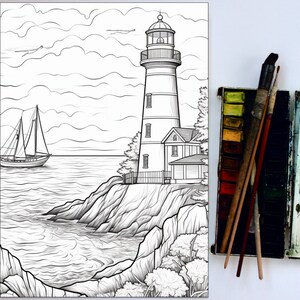 May include: A black and white line drawing of a lighthouse on a rocky cliff overlooking the ocean. A sailboat is in the water in the foreground. The lighthouse has a tall tower with a balcony and a small house attached to the base.