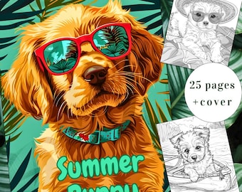 25 Summer Puppy Coloring Page, Cute Puppy Coloring Book, Adults + kids Instant Download, Puppy Coloring Page, Dogs, Puppies, Printable PDF