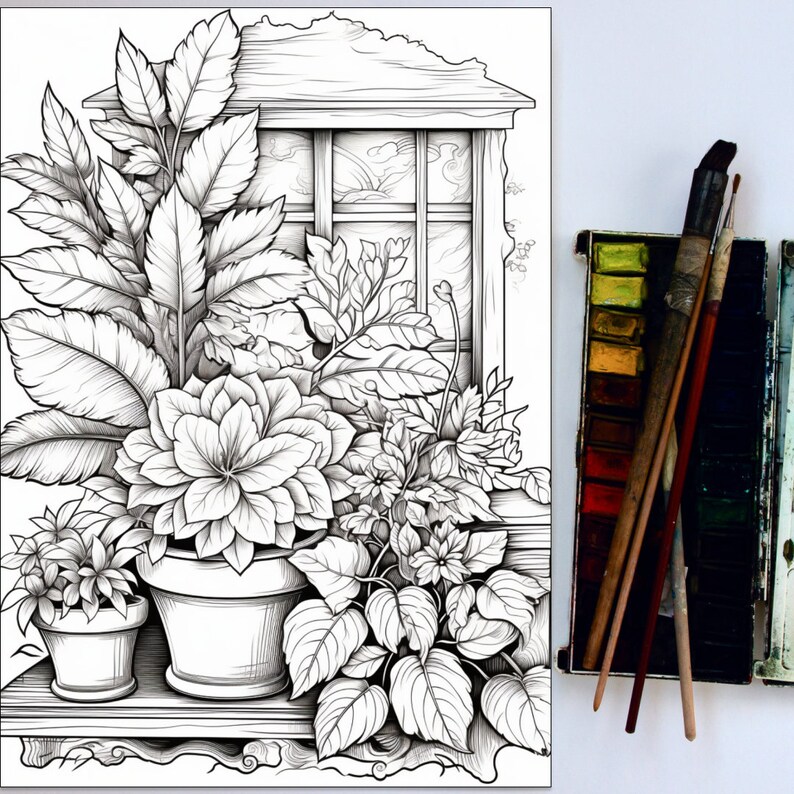 May include: A black and white line drawing of three potted plants in front of a window. The plants are in different sizes and shapes, and the window is framed with a wooden frame. The drawing is detailed and intricate.