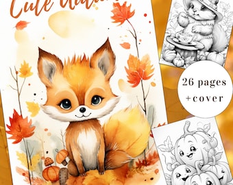 26 Cute Autumn Coloring Page, Autumn Coloring Book, Kawaii Coloring Book, Adults + kids Instant Download, Fall Coloring Page, Printable PDF