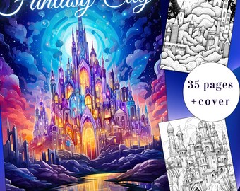35 Fantasy City Coloring Page, City Coloring, Fantasy Coloring Book, Adults + kids Instant Download, Magic Cityscape Coloring, Printable PDF