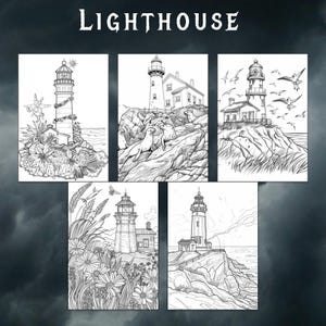 Puede incluir: Cinco dibujos en blanco y negro de faros. Cada faro est&aacute; en un acantilado rocoso con agua en el fondo. El primer faro tiene una estrella en la parte superior y est&aacute; rodeado de gaviotas. El segundo faro tiene una casa adosada y est&aacute; rodeado de focas. El tercer faro tiene una casa adosada y est&aacute; rodeado de gaviotas. El cuarto faro tiene flores y hierba en primer plano. El quinto faro tiene un acantilado rocoso en primer plano.