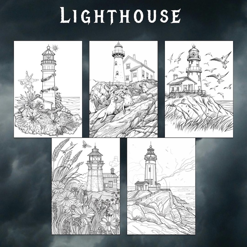 Puede incluir: Cinco dibujos en blanco y negro de faros. Cada faro est&aacute; en un acantilado rocoso con agua en el fondo. El primer faro tiene una estrella en la parte superior y est&aacute; rodeado de gaviotas. El segundo faro tiene una casa adosada y est&aacute; rodeado de focas. El tercer faro tiene una casa adosada y est&aacute; rodeado de gaviotas. El cuarto faro tiene flores y hierba en primer plano. El quinto faro tiene un acantilado rocoso en primer plano.