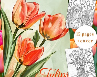 Página para colorir de 15 tulipas, livro para colorir de flores, livro para colorir de tulipas, download instantâneo para adultos e crianças, página para colorir de primavera, PDF para impressão