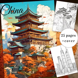 25 China Coloring Page, China Architecture Coloring, Chinese Scenes Coloring, Adults + kids Instant Download, China Coloring, Printable PDF