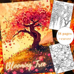 18 Blooming Tree Coloring Page, Flower Coloring, Bloom Coloring Book, Adults + kids Instant Download, Tree Coloring, Floral, Printable PDF