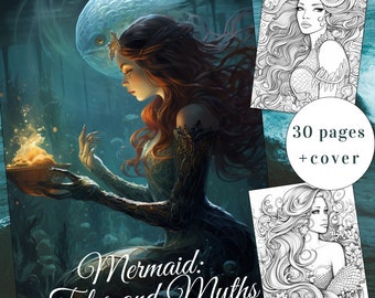 May include: A coloring book cover featuring a mermaid with long flowing red hair holding a glowing orb. The cover text reads "Mermaid: Tales and Myths". The book includes 30 pages plus a cover.