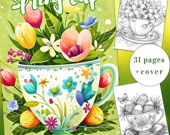31 Página para colorear de taza de primavera, libro para colorear de primavera, libro para colorear de fantasía, descarga instantánea para adultos y niños, página para colorear de flores, PDF imprimible