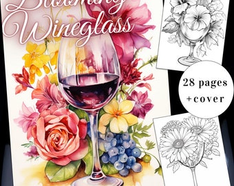 Libro para colorear de copas de vino con motivos florales, 28 páginas, para adultos y niños (PDF imprimible)
