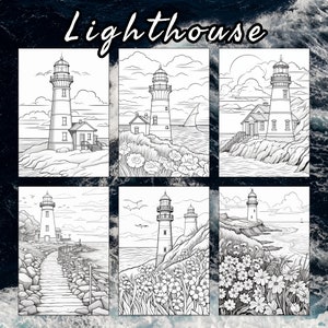 May include: Six black and white line drawings of lighthouses on the coast. Each lighthouse is unique and has a different design. The drawings are simple and elegant, and they would be perfect for coloring.