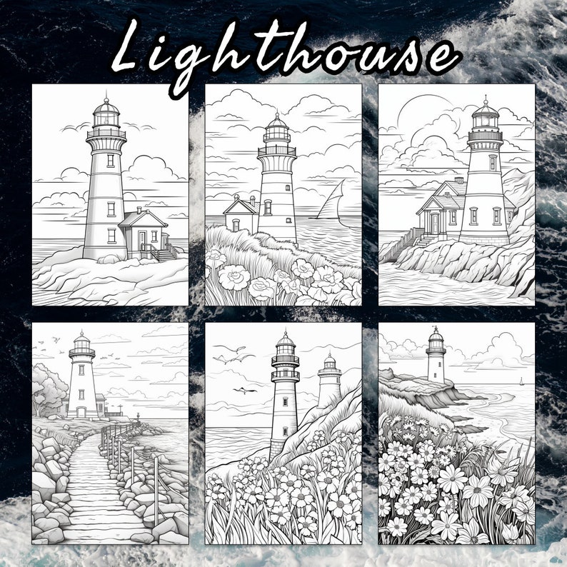 32 Lighthouse Coloring Page, Ocean Coloring Book, Waves Coloring Book