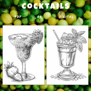May include: Two black and white line drawings of cocktails. The first cocktail is a margarita with a strawberry garnish. The second cocktail is a mojito with a sprig of mint. Both cocktails are in tall glasses.