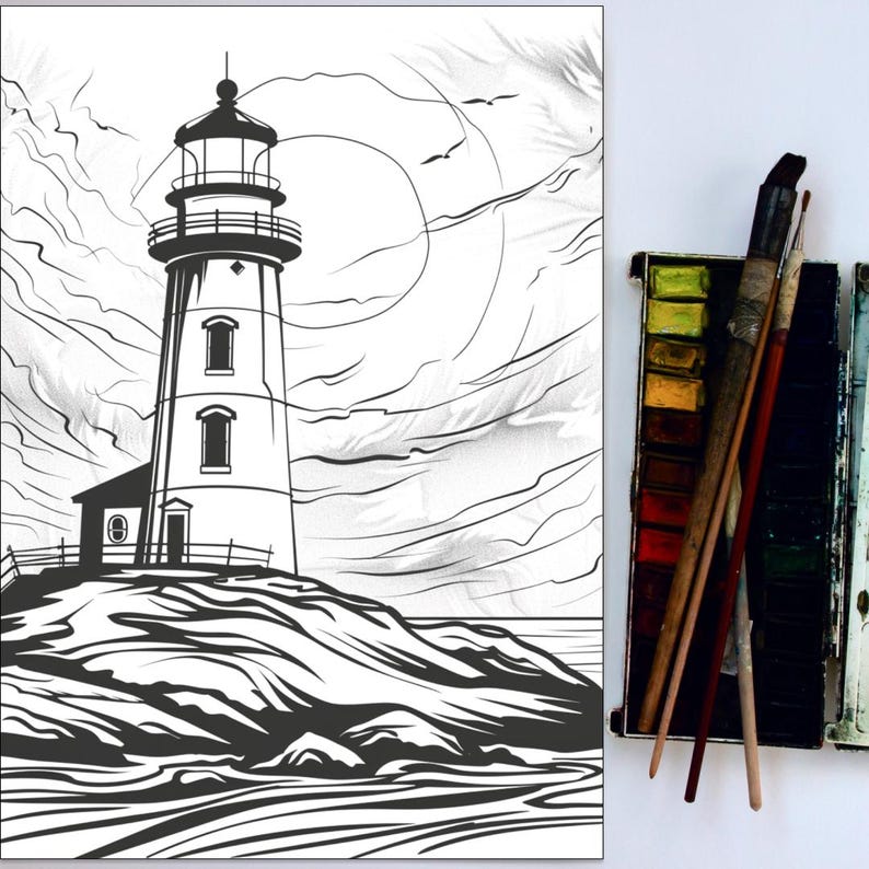 Puede incluir: Una ilustraci&oacute;n en blanco y negro de un faro en una costa rocosa con un cielo nublado. El faro tiene una torre alta con un peque&ntilde;o edificio en su base. El cielo est&aacute; lleno de nubes y hay un objeto grande y redondo en el cielo que podr&iacute;a ser el sol o la luna.