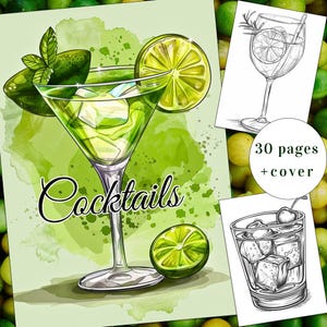 30 Cocktails Coloring Page, Cocktail Party Coloring, Drinks Coloring Book, Adults + kids Instant Download, Beverage Coloring, Printable PDF