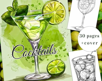 May include: A green watercolor illustration of a cocktail glass with ice and a lime wedge. The text "Cocktails" is written in black cursive below the glass. The image is surrounded by green limes.