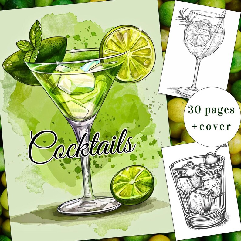 May include: A green watercolour illustration of a cocktail glass with ice and a lime wedge. The text "Cocktails" is written in black cursive below the glass. The image is surrounded by green limes.